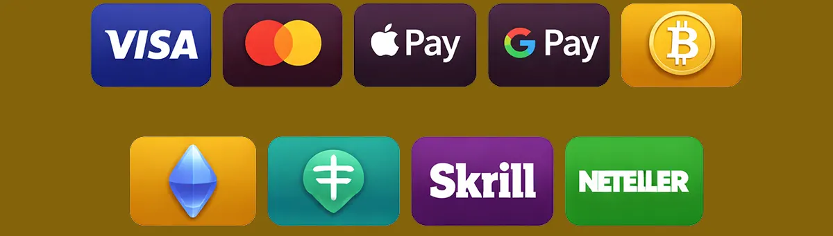 Casino payment methods icons including Visa, Mastercard, Apple Pay, Google Pay, Bitcoin, Ethereum, Tether, Skrill, and Neteller.