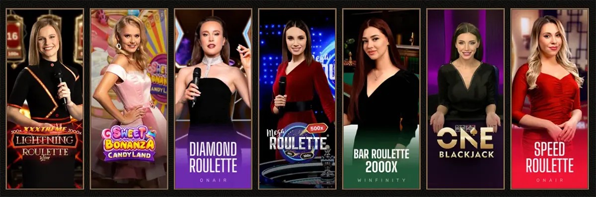 Live casino games selection featuring Lightning Roulette, Sweet Bonanza CandyLand, Diamond Roulette, Mega Roulette, Bar Roulette 2000x, One Blackjack, and Speed Roulette.