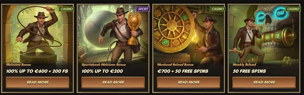 Casino bonus offers featuring 100% up to €600 + 200 free spins welcome bonus, 100% up to €200 sportsbook welcome bonus, €700 + 50 free spins weekend reload, and 50 free spins weekly reload bonus.