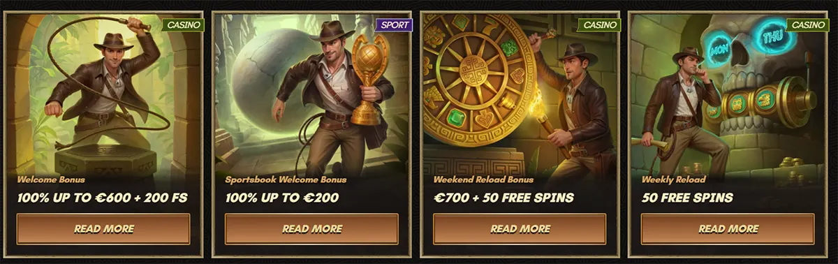 Casino bonus offers featuring 100% up to €600 + 200 free spins welcome bonus, 100% up to €200 sportsbook welcome bonus, €700 + 50 free spins weekend reload, and 50 free spins weekly reload bonus.