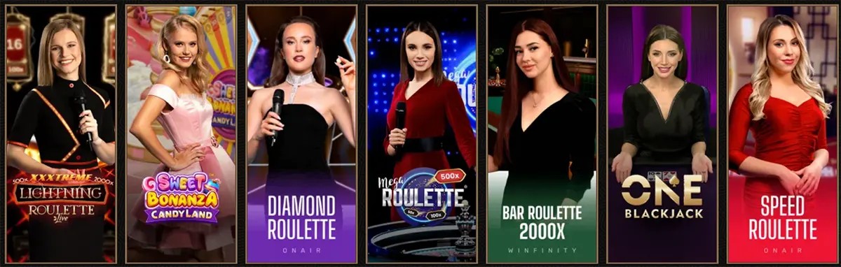 Live casino games selection featuring Lightning Roulette, Sweet Bonanza CandyLand, Diamond Roulette, Mega Roulette, Bar Roulette 2000x, One Blackjack, and Speed Roulette.