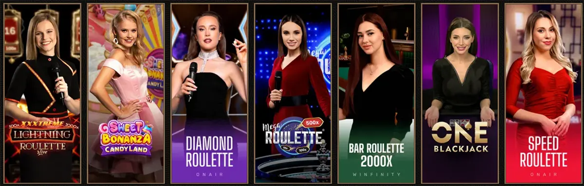 Live casino games selection featuring Lightning Roulette, Sweet Bonanza CandyLand, Diamond Roulette, Mega Roulette, Bar Roulette 2000x, One Blackjack, and Speed Roulette.