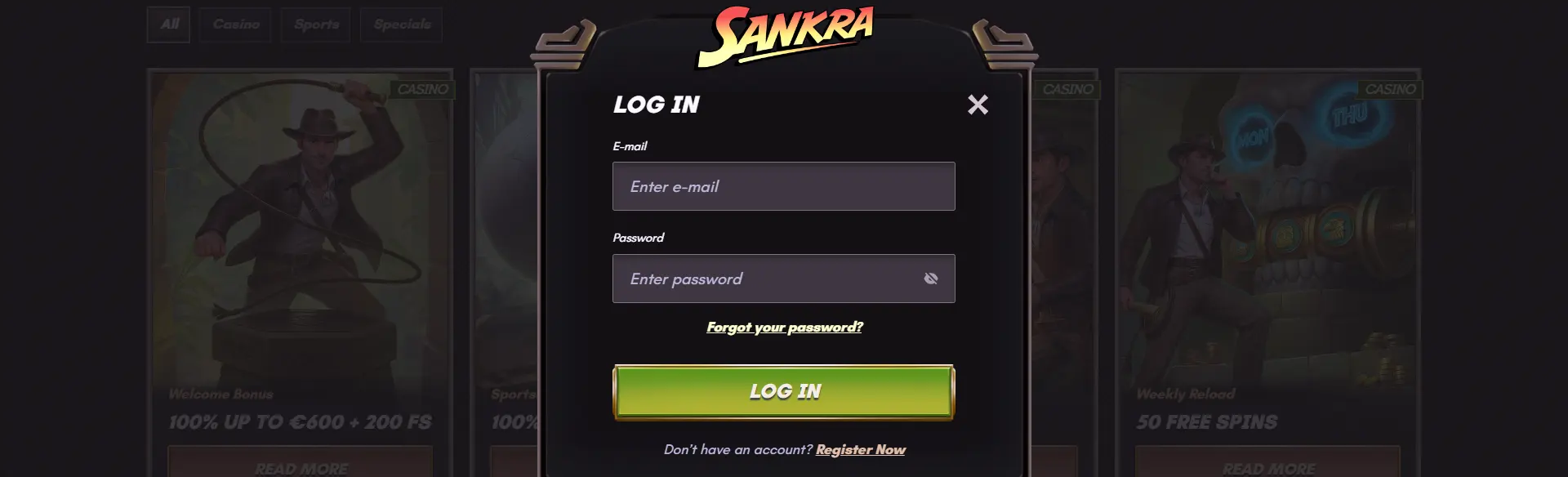 Sankra casino login popup with email and password fields, password recovery option, and a button to log in or register a new account.