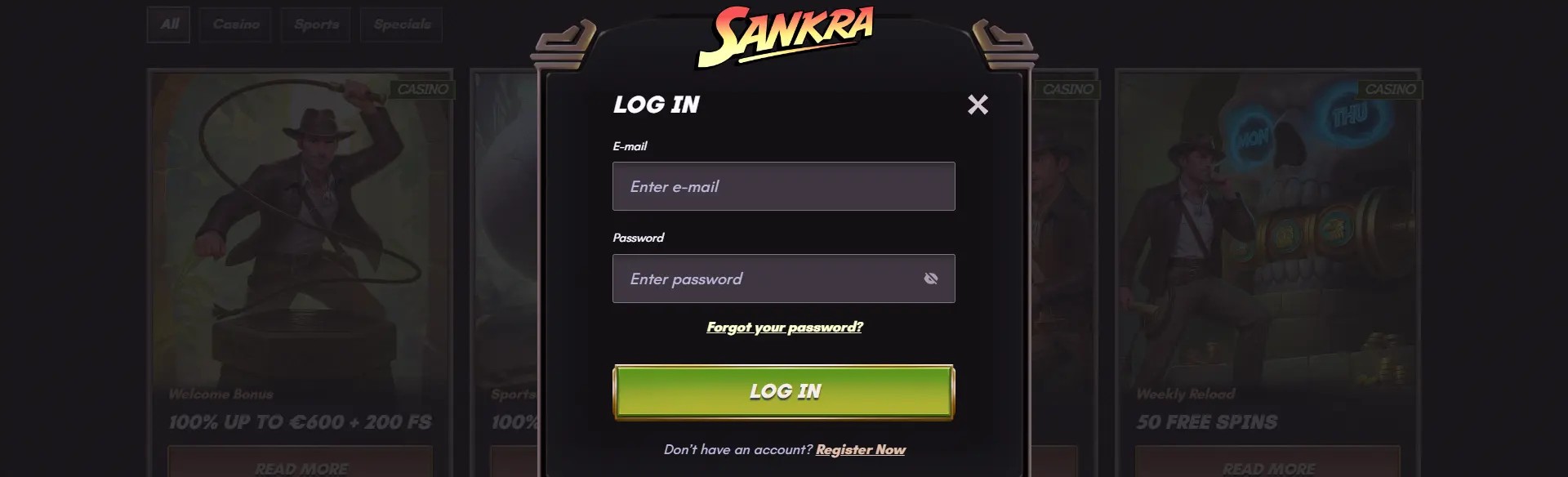 Sankra casino login popup with email and password fields, password recovery option, and a button to log in or register a new account.